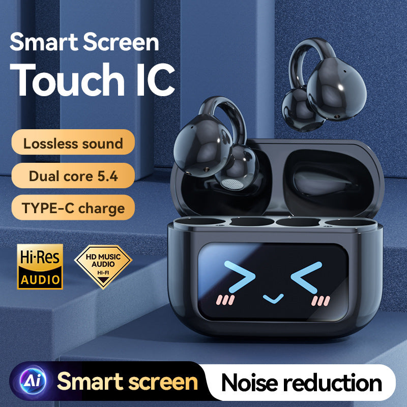 Smart TWS Earbuds with Full Touch Screen Case - Wireless 5.4, Open-Ear, Noise Reduction black