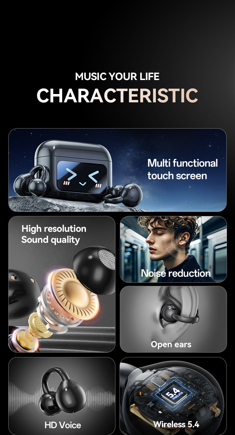 Smart TWS Earbuds with Full Touch Screen Case - Wireless 5.4, Open-Ear, Noise Reduction black