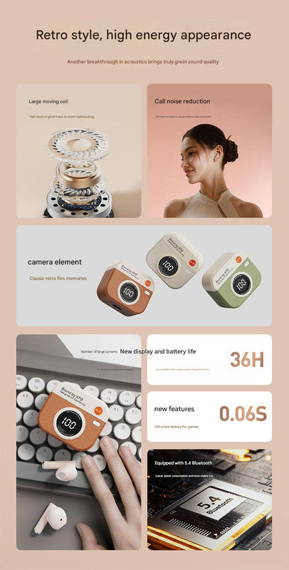 Retro Camera Style TWS Earbuds - Bluetooth 5.4, ENC, Low Latency Gaming Yellow