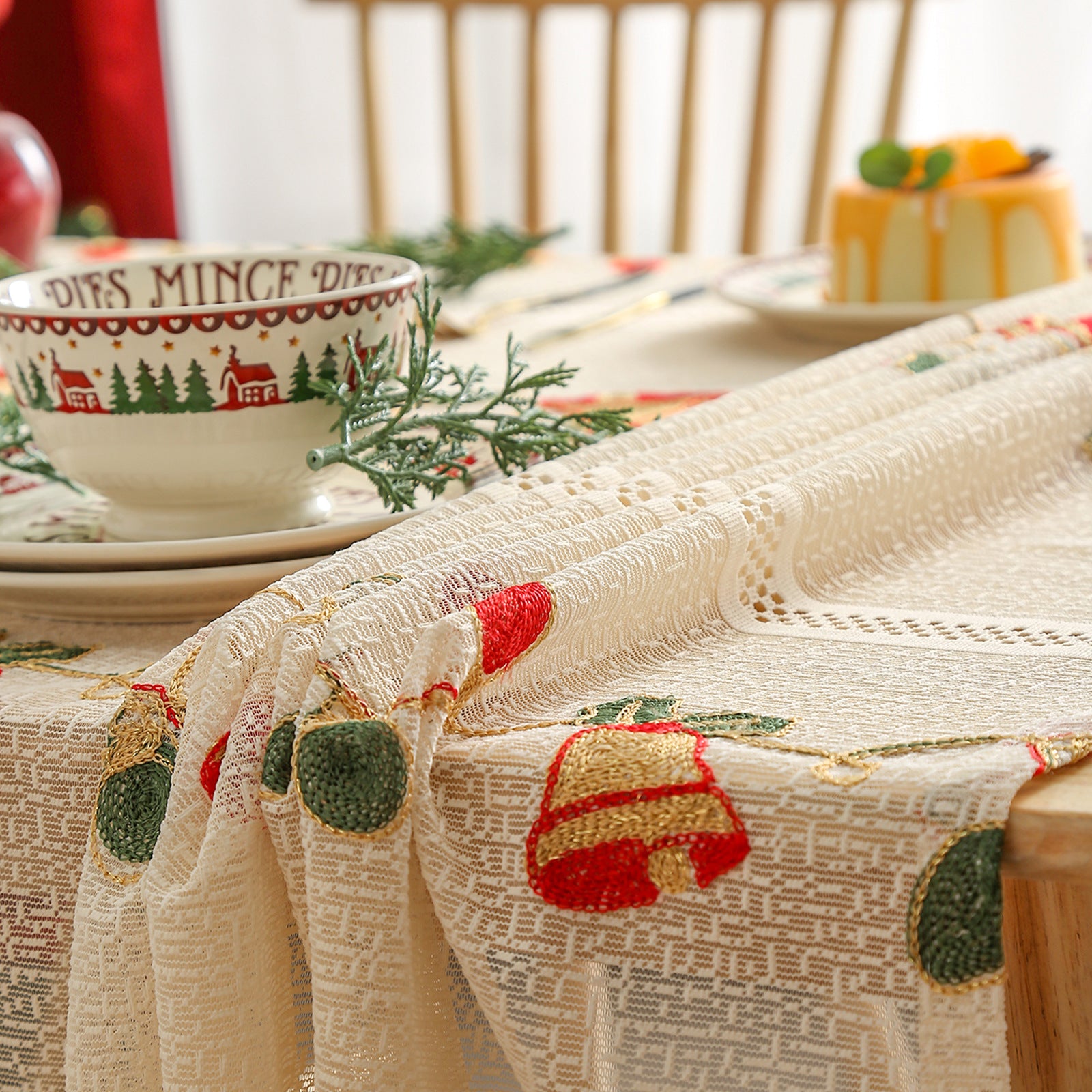 Embroidered Christmas Tablecloth - Embroidered Bells & Holly Design 140*200cm