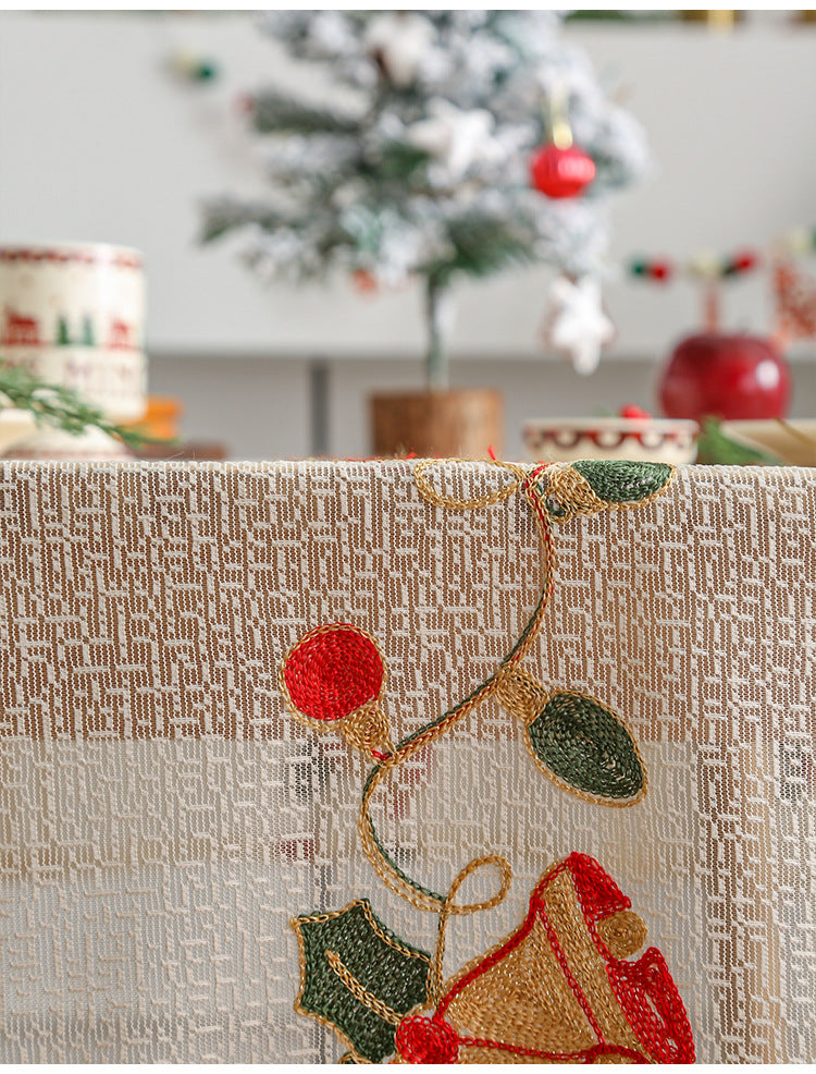 Embroidered Christmas Tablecloth - Embroidered Bells & Holly Design 140*200cm