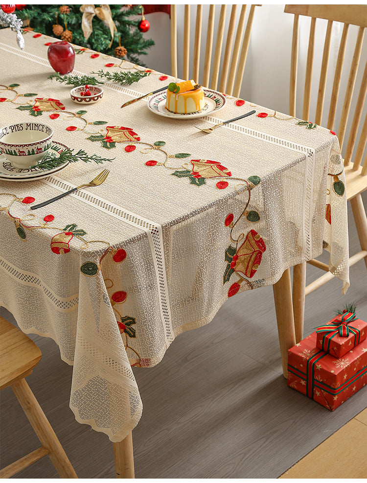 Embroidered Christmas Tablecloth - Embroidered Bells & Holly Design 140*200cm