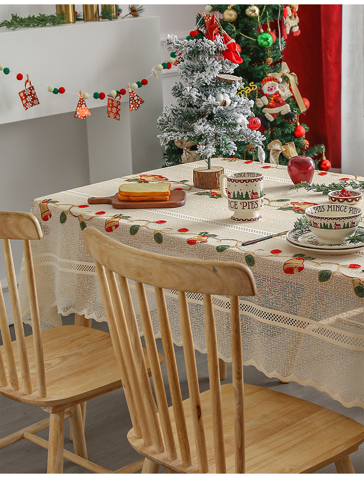 Embroidered Christmas Tablecloth - Embroidered Bells & Holly Design 140*200cm