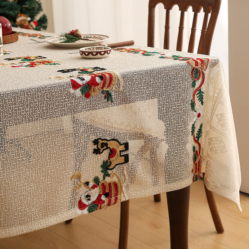 Embroidered Christmas Tablecloth - Embroidered Santa Claus, Reindeer 140*200cm