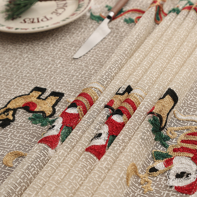 Embroidered Christmas Tablecloth - Embroidered Santa Claus, Reindeer 140*200cm