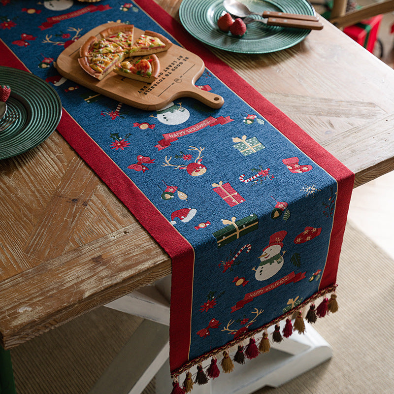 Blue Christmas Festive Table Runner - Blue with Snowman, Reindeer and Happy Holidays 35*180cm