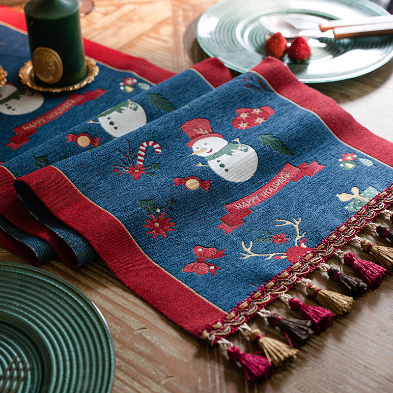 Blue Christmas Festive Table Runner - Blue with Snowman, Reindeer and Happy Holidays 35*180cm