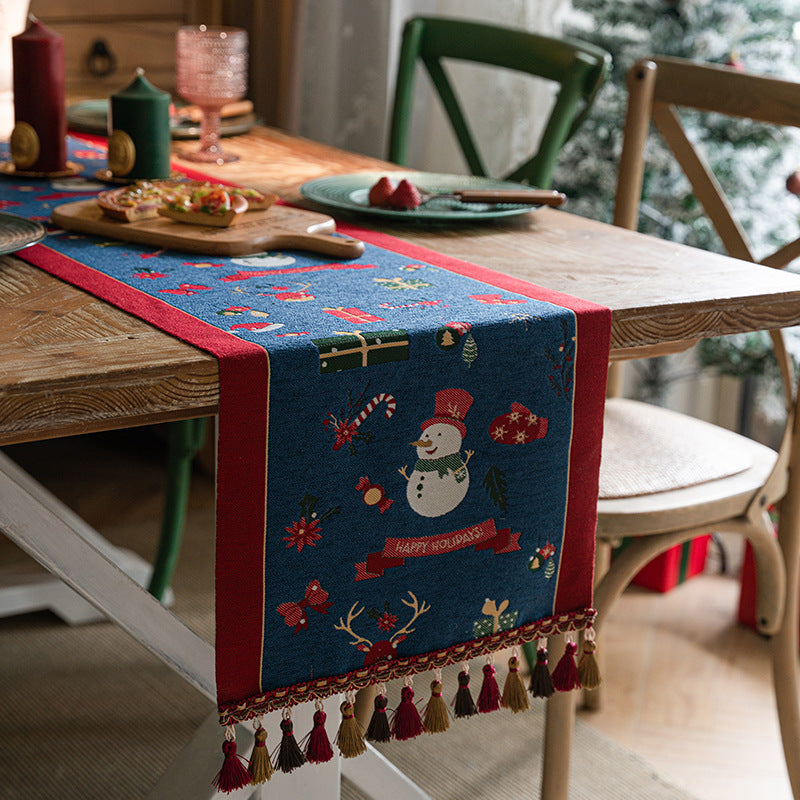 Blue Christmas Festive Table Runner - Blue with Snowman, Reindeer and Happy Holidays 35*180cm