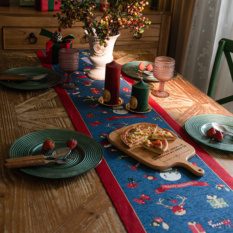 Blue Christmas Festive Table Runner - Blue with Snowman, Reindeer and Happy Holidays 35*200cm