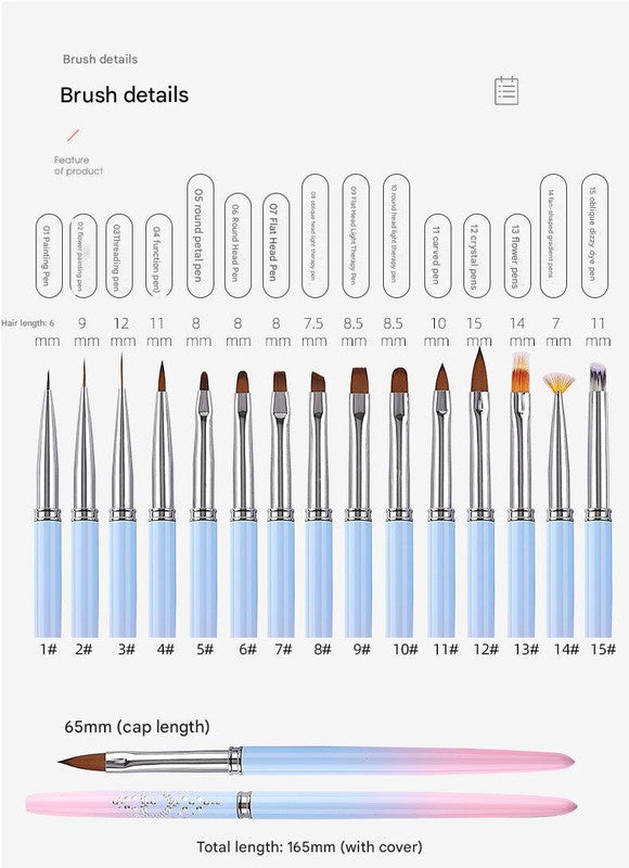 Professional Nail Art Brush Kit 15pcs - Gradient Handles Manicure Tools
