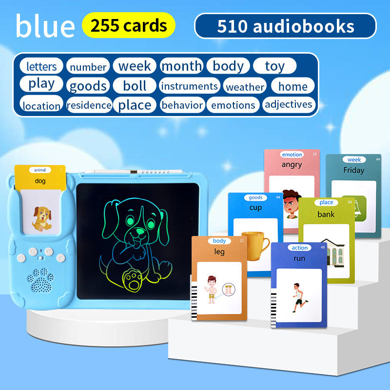 Blue 255 cards, pure English Kids Interactive Early Education Toy: Combination Card Reader & LCD Drawing Board for Toddlers
