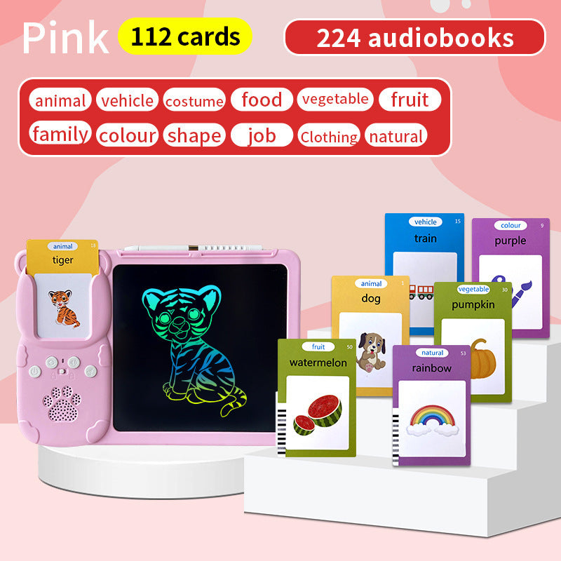 Pink 112 cards, pure English Kids Interactive Early Education Toy: Combination Card Reader & LCD Drawing Board for Toddlers