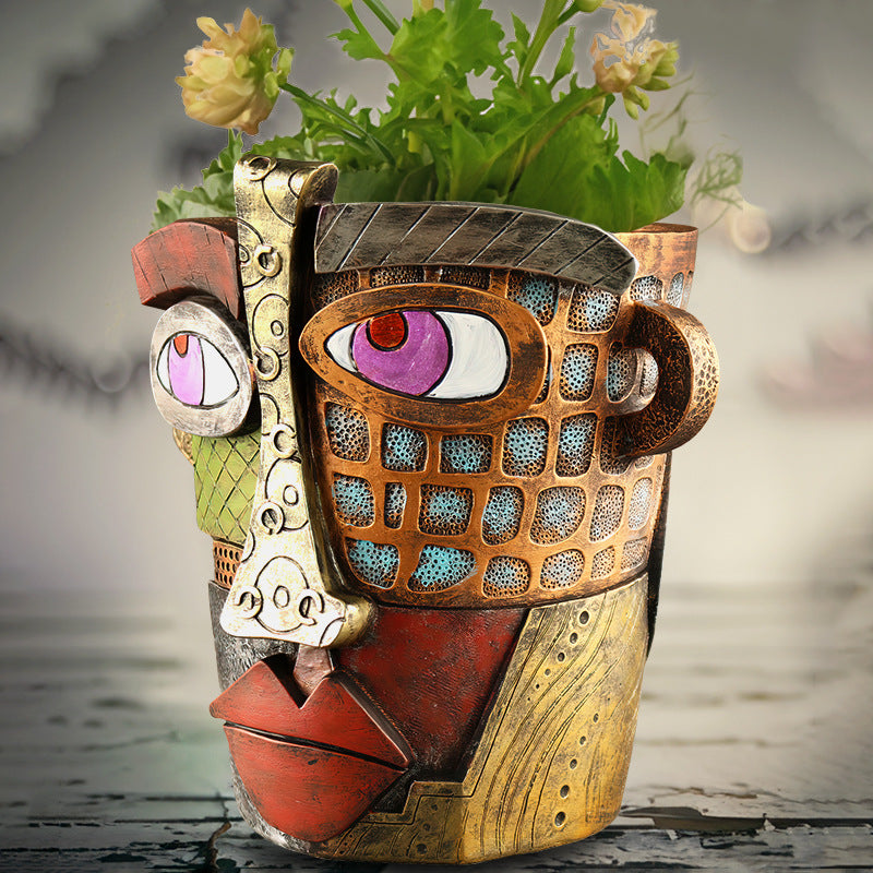 Abstract Face Planter Pot - Artistic Resin Decor for Succulents & Plants Antique Style - 18.5*18*15CM