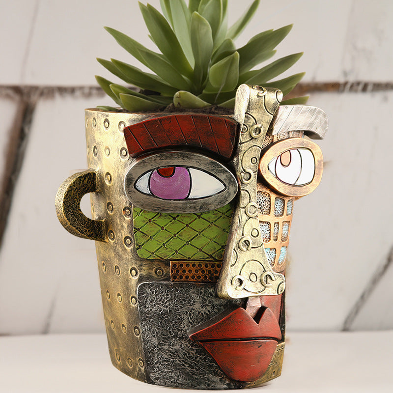 Abstract Face Planter Pot - Artistic Resin Decor for Succulents & Plants Antique Style - 18.5*18*15CM