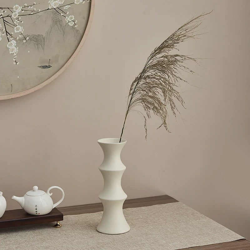 Matte White Ceramic Vase - Unique Bamboo Shape Design 25.5x9x7cm