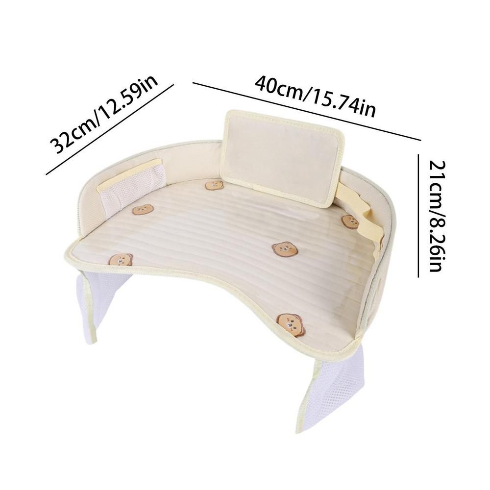 Kids Car Seat Travel Tray - Waterproof Lap Desk with Storage Pockets Beige Bear - Round