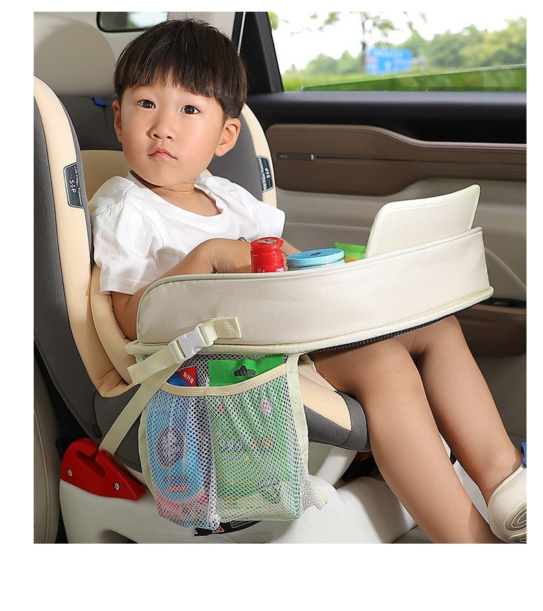 Kids Car Seat Travel Tray - Waterproof Lap Desk with Storage Pockets Beige Bear - Round