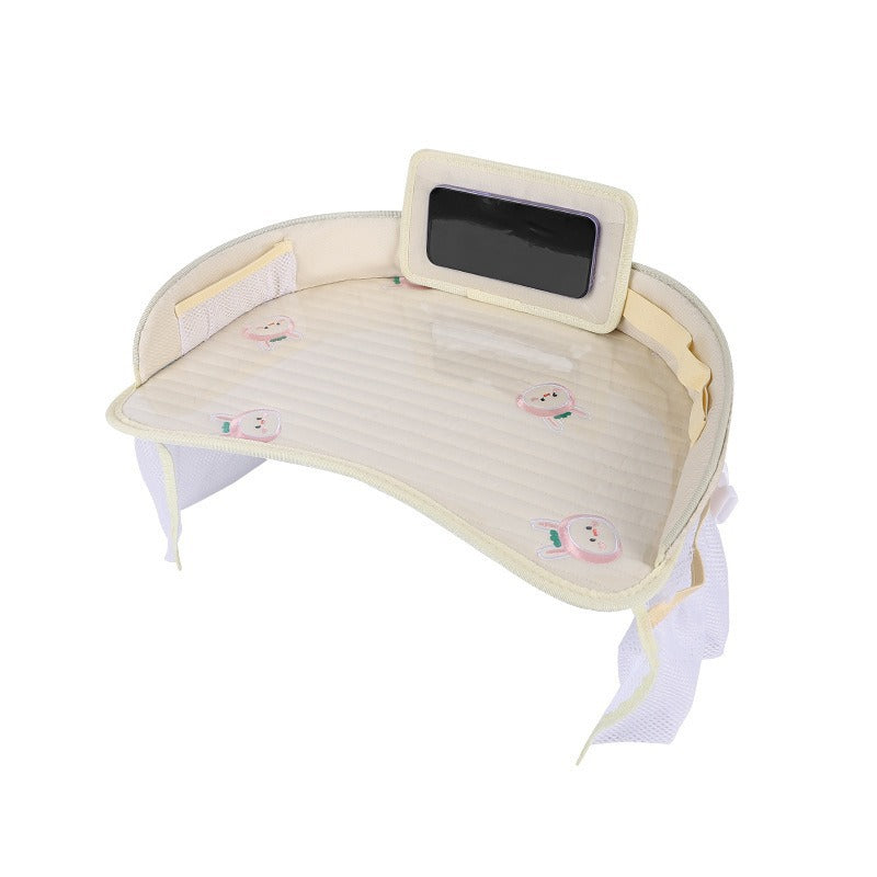 Kids Car Seat Travel Tray - Waterproof Lap Desk with Storage Pockets Beige bunny - Round