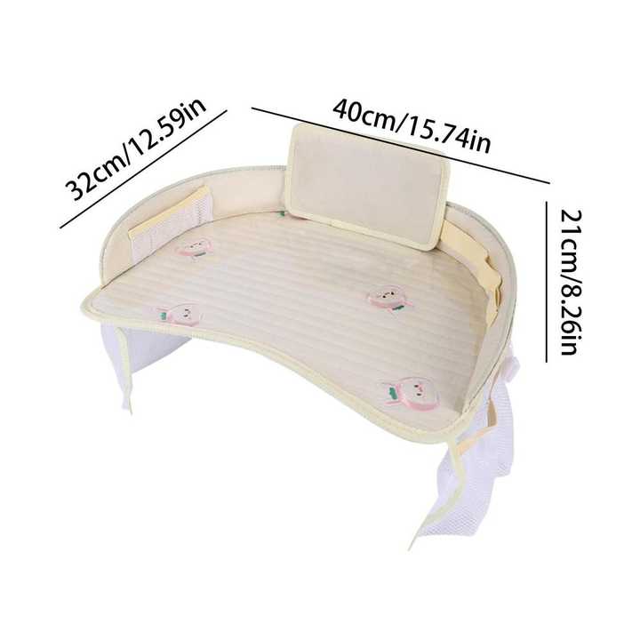 Kids Car Seat Travel Tray - Waterproof Lap Desk with Storage Pockets Beige bunny - Round