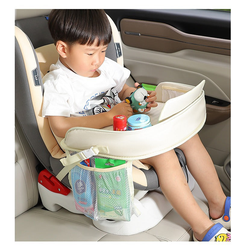 Kids Car Seat Travel Tray - Waterproof Lap Desk with Storage Pockets Beige bunny - Round