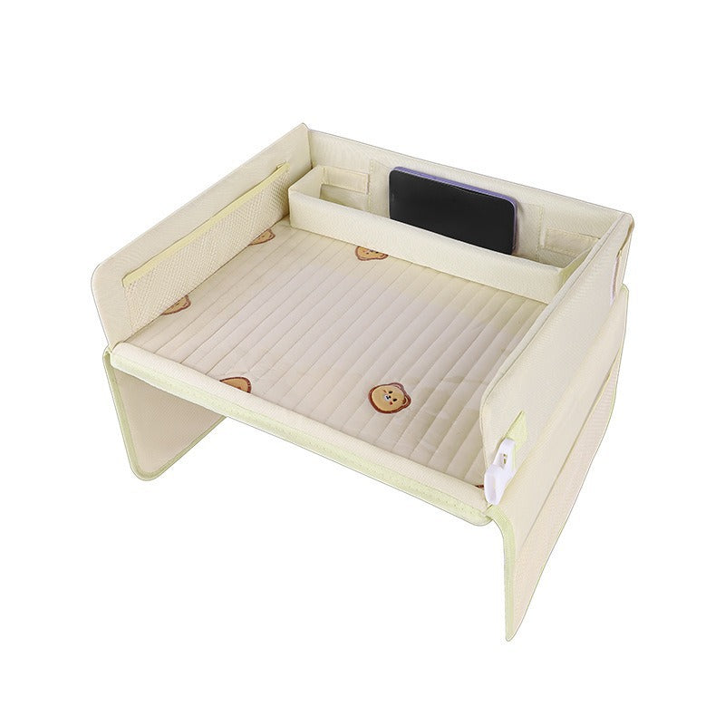 Kids Car Seat Travel Tray - Waterproof Lap Desk with Storage Pockets Beige Bear - Square