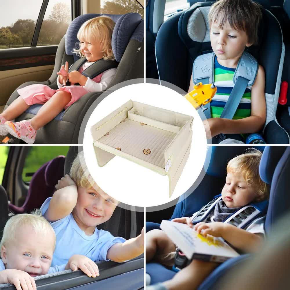 Kids Car Seat Travel Tray - Waterproof Lap Desk with Storage Pockets Beige Bear - Square