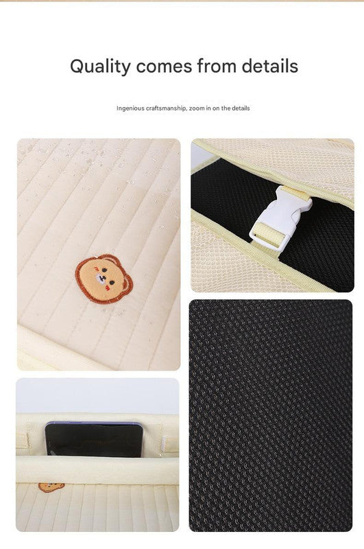 Kids Car Seat Travel Tray - Waterproof Lap Desk with Storage Pockets Beige Bear - Square