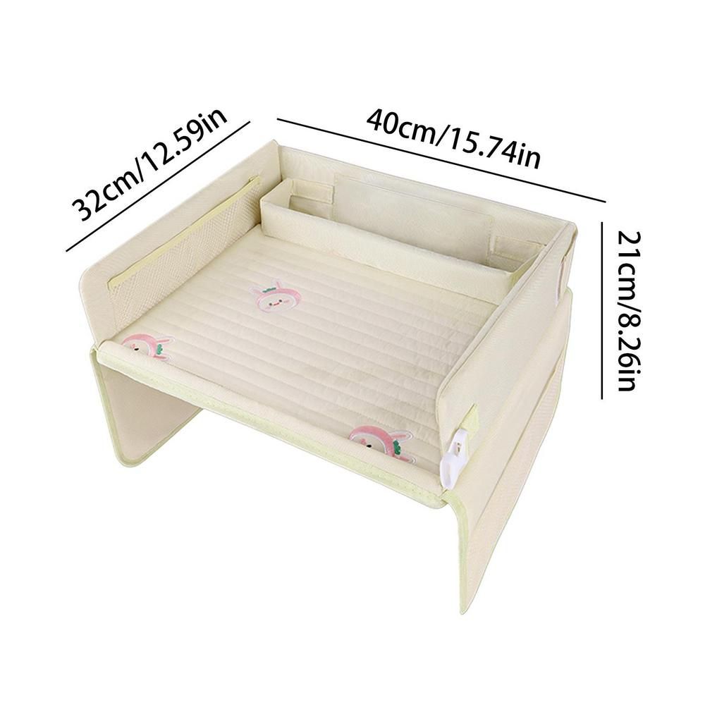 Kids Car Seat Travel Tray - Waterproof Lap Desk with Storage Pockets Beige bunny - Round