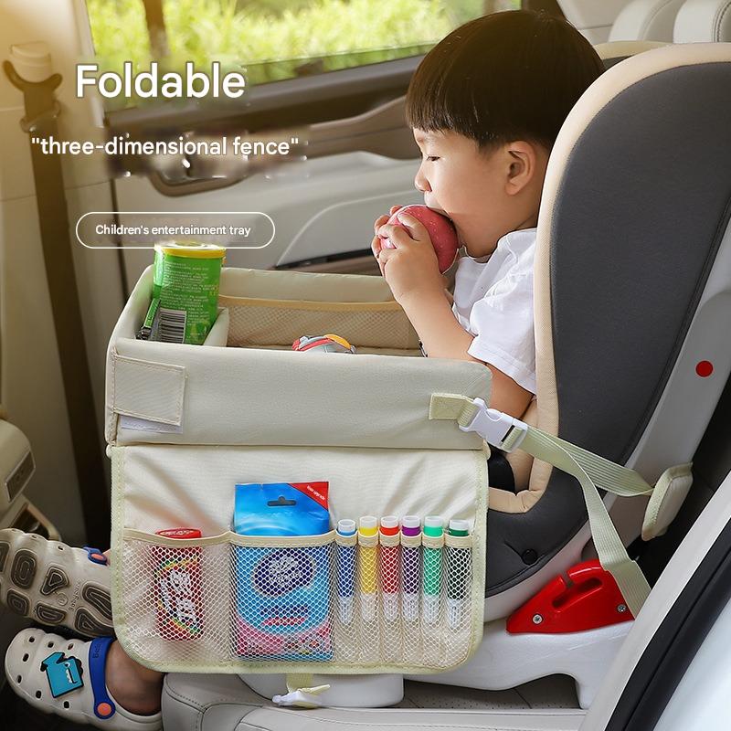Kids Car Seat Travel Tray - Waterproof Lap Desk with Storage Pockets Beige bunny - Round