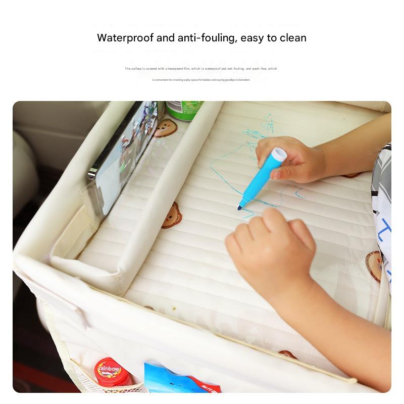 Kids Car Seat Travel Tray - Waterproof Lap Desk with Storage Pockets Beige bunny - Round