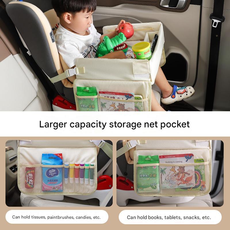 Kids Car Seat Travel Tray - Waterproof Lap Desk with Storage Pockets Beige bunny - Round