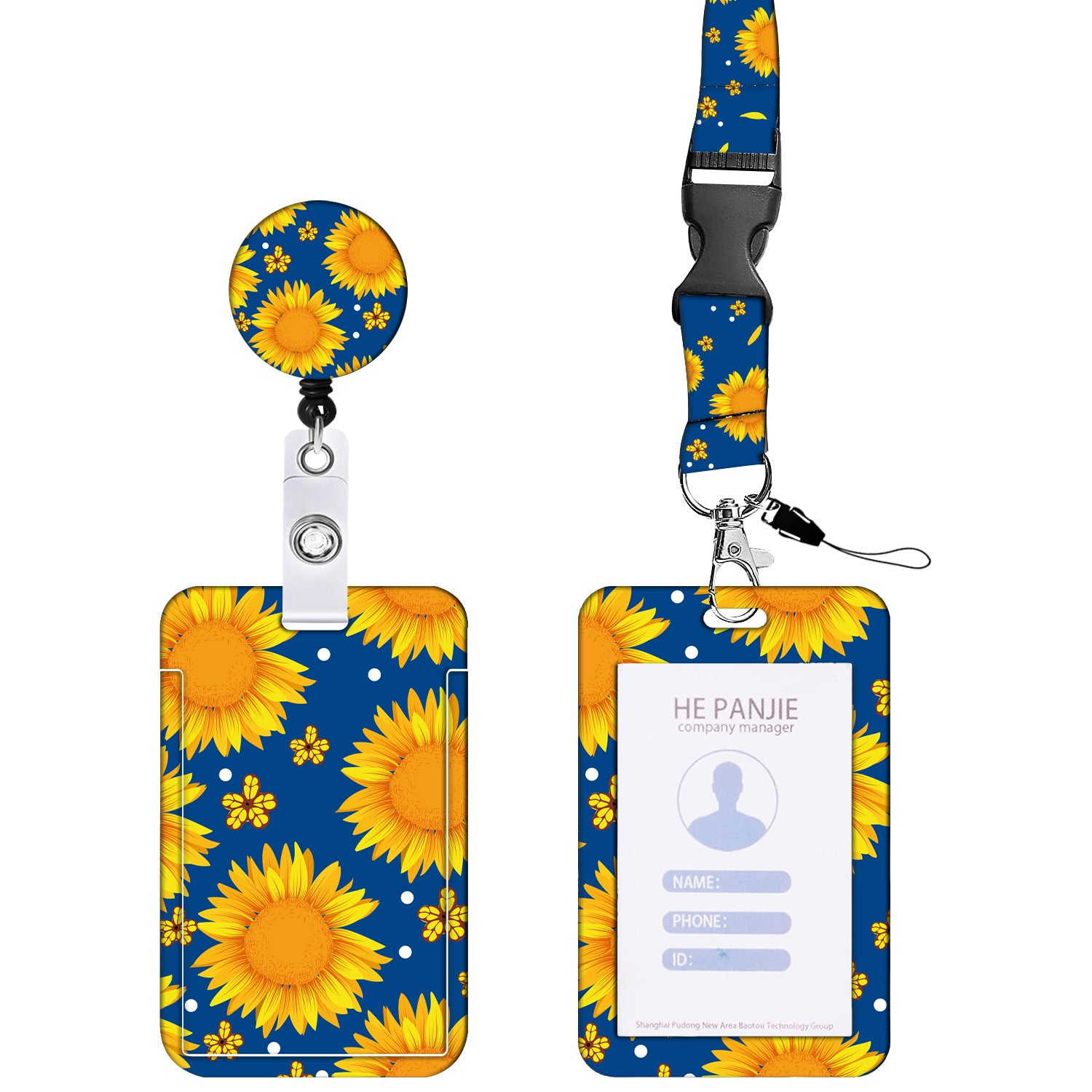 2-pcs Retractable ID Badge Reel Lanyard Set with Vertical Hard Plastic Card Holder - Blue Yellow Floral Style 1