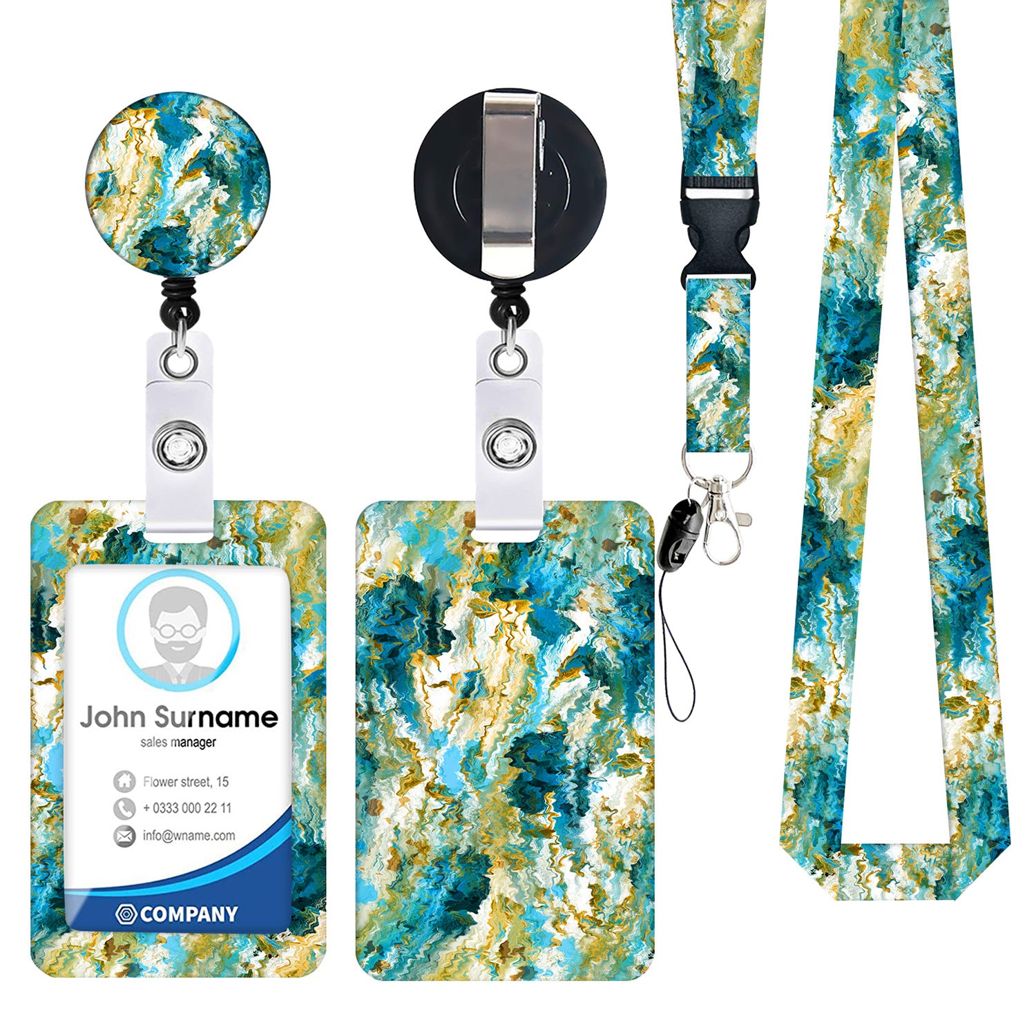 2-pcs Retractable ID Badge Reel Lanyard Set with Vertical Hard Plastic Card Holder - Blue rock patterns Style 3