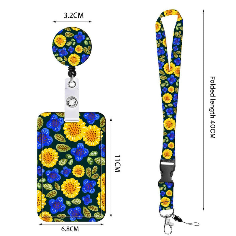 2-pcs Retractable ID Badge Reel Lanyard Set with Vertical Hard Plastic Card Holder - Blue flowers and plants Style 4