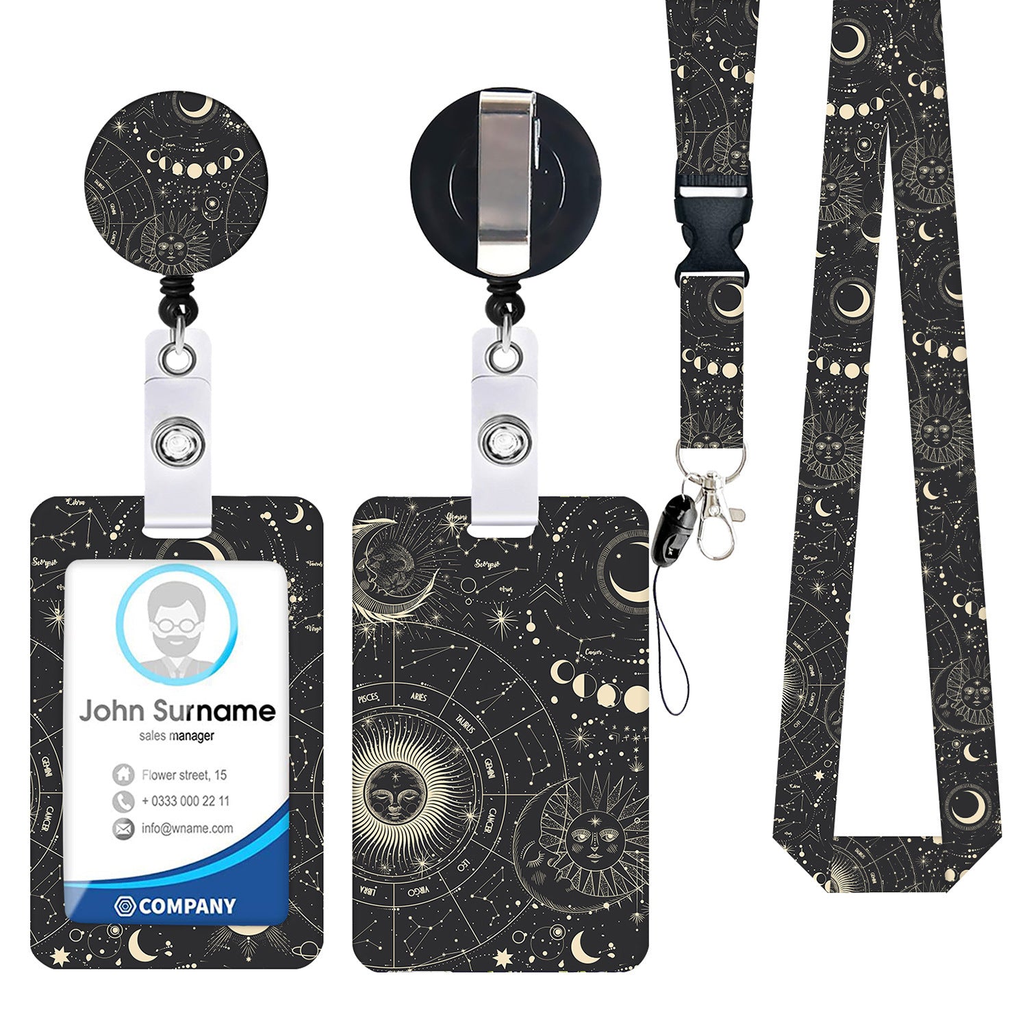 2-pcs Retractable ID Badge Reel Lanyard Set with Vertical Hard Plastic Card Holder - Black starry sky Style 7