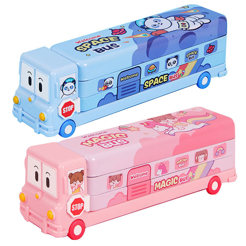 2-pcs One pink and one blue Fun School Bus Pencil Box with Built-in Sharpener - 3 Layer Large Capacity Stationery Box for Kids
