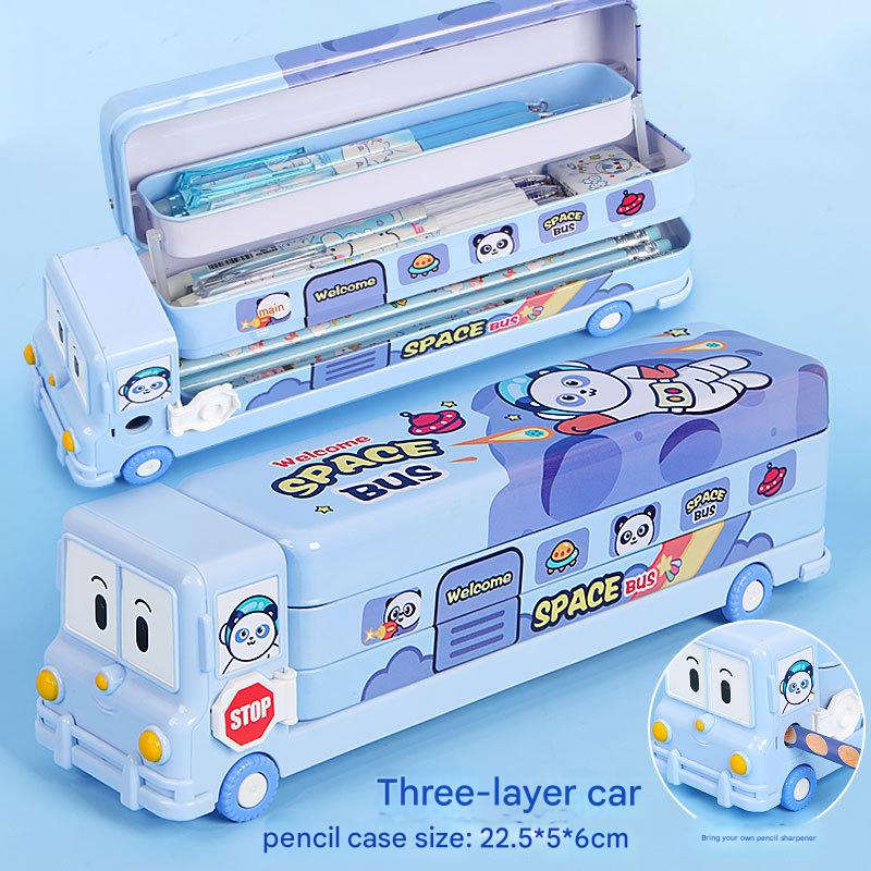 2-pcs One pink and one blue Fun School Bus Pencil Box with Built-in Sharpener - 3 Layer Large Capacity Stationery Box for Kids