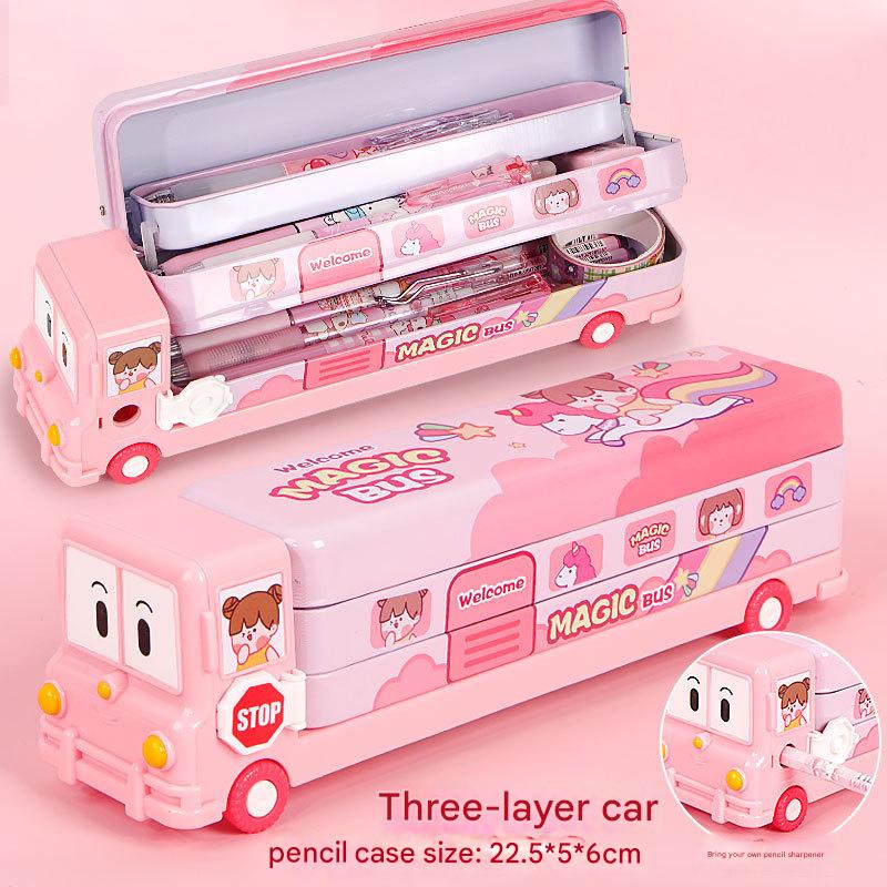 2-pcs One pink and one blue Fun School Bus Pencil Box with Built-in Sharpener - 3 Layer Large Capacity Stationery Box for Kids