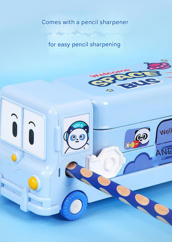 2-pcs One pink and one blue Fun School Bus Pencil Box with Built-in Sharpener - 3 Layer Large Capacity Stationery Box for Kids