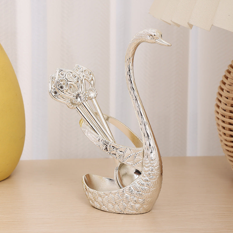 Silver Elegant Swan Cutlery Holder Set with 6 Dessert Spoons