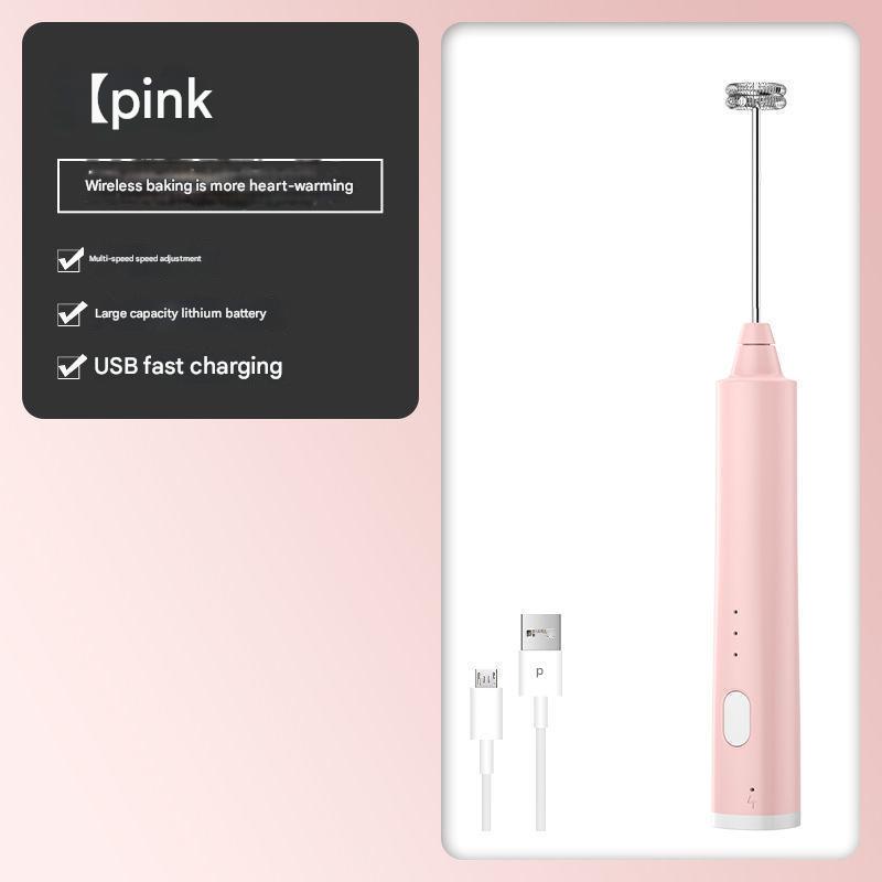 Pink Cordless Drink Mixer & Frother Wand - USB Powered Spring bubbler head
