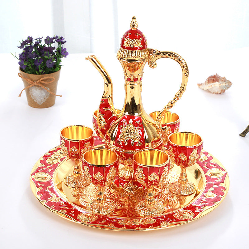 Vintage Palace Style Liquor Serving Set - Metal Pot, 6 Cups & Tray Golden Red