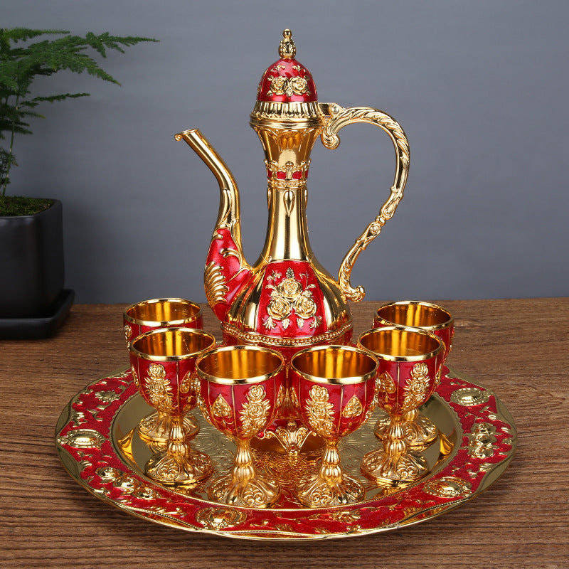 Vintage Palace Style Liquor Serving Set - Metal Pot, 6 Cups & Tray Golden Red