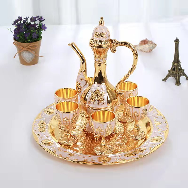 Vintage Palace Style Liquor Serving Set - Metal Pot, 6 Cups & Tray White Gold