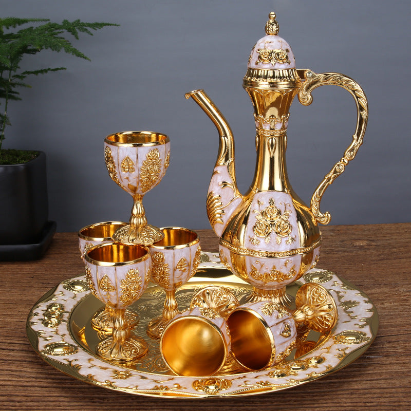 Vintage Palace Style Liquor Serving Set - Metal Pot, 6 Cups & Tray White Gold