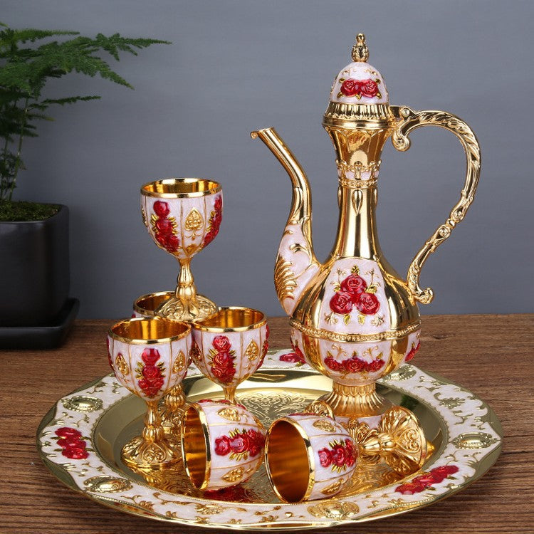 Vintage Palace Style Liquor Serving Set - Metal Pot, 6 Cups & Tray White gold red rose