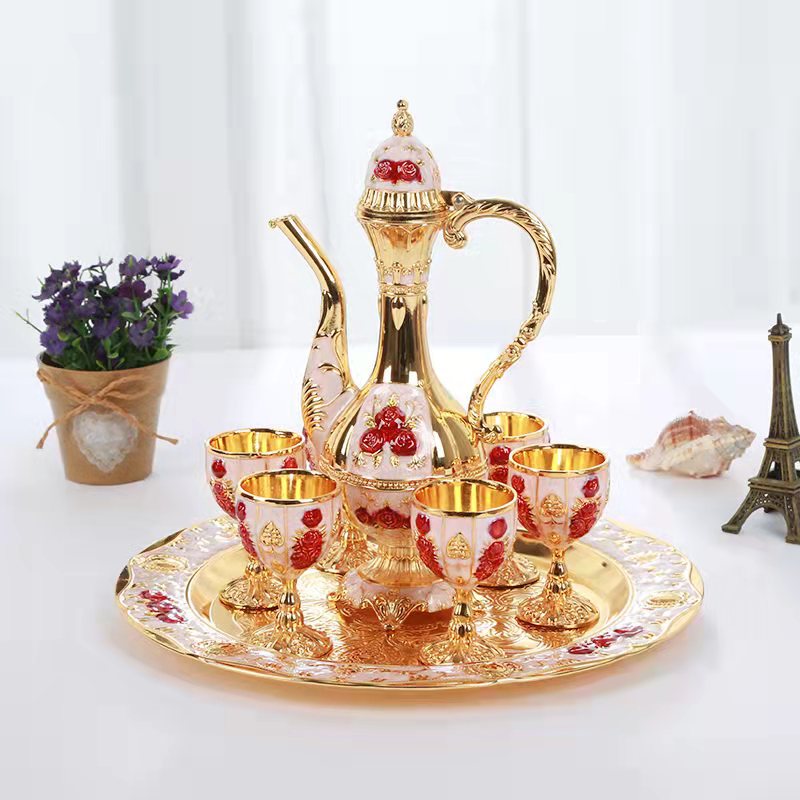Vintage Palace Style Liquor Serving Set - Metal Pot, 6 Cups & Tray White gold red rose