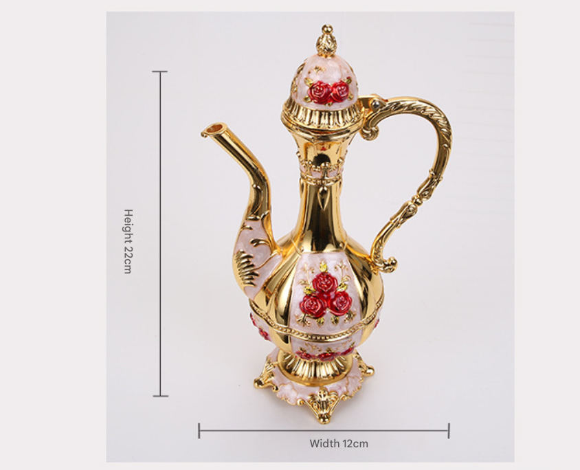 Vintage Palace Style Liquor Serving Set - Metal Pot, 6 Cups & Tray White gold red rose