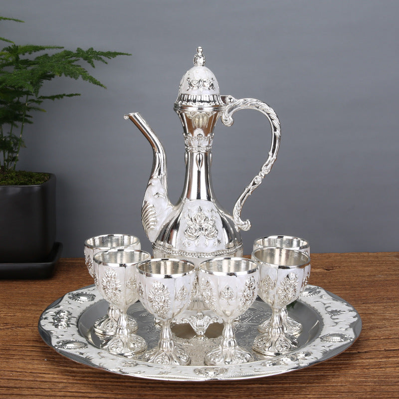 Vintage Palace Style Liquor Serving Set - Metal Pot, 6 Cups & Tray Silver