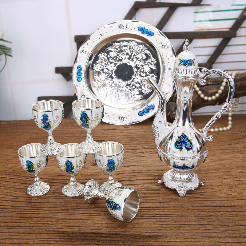 Vintage Palace Style Liquor Serving Set - Metal Pot, 6 Cups & Tray Silvery blue rose